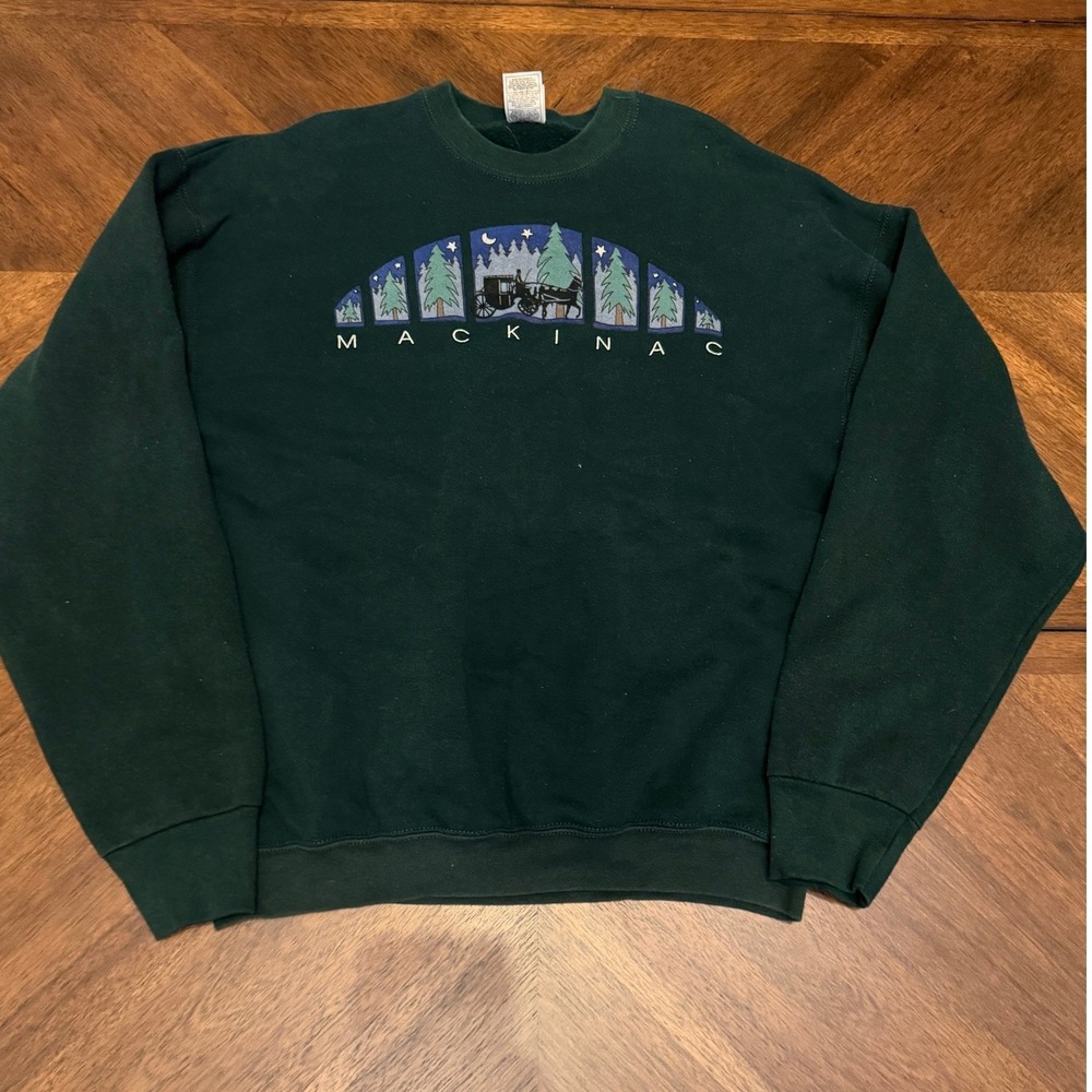 Vintage Fruit of the Loom Mackinac Sweatshirt XL Green Michigan Nature Graphic